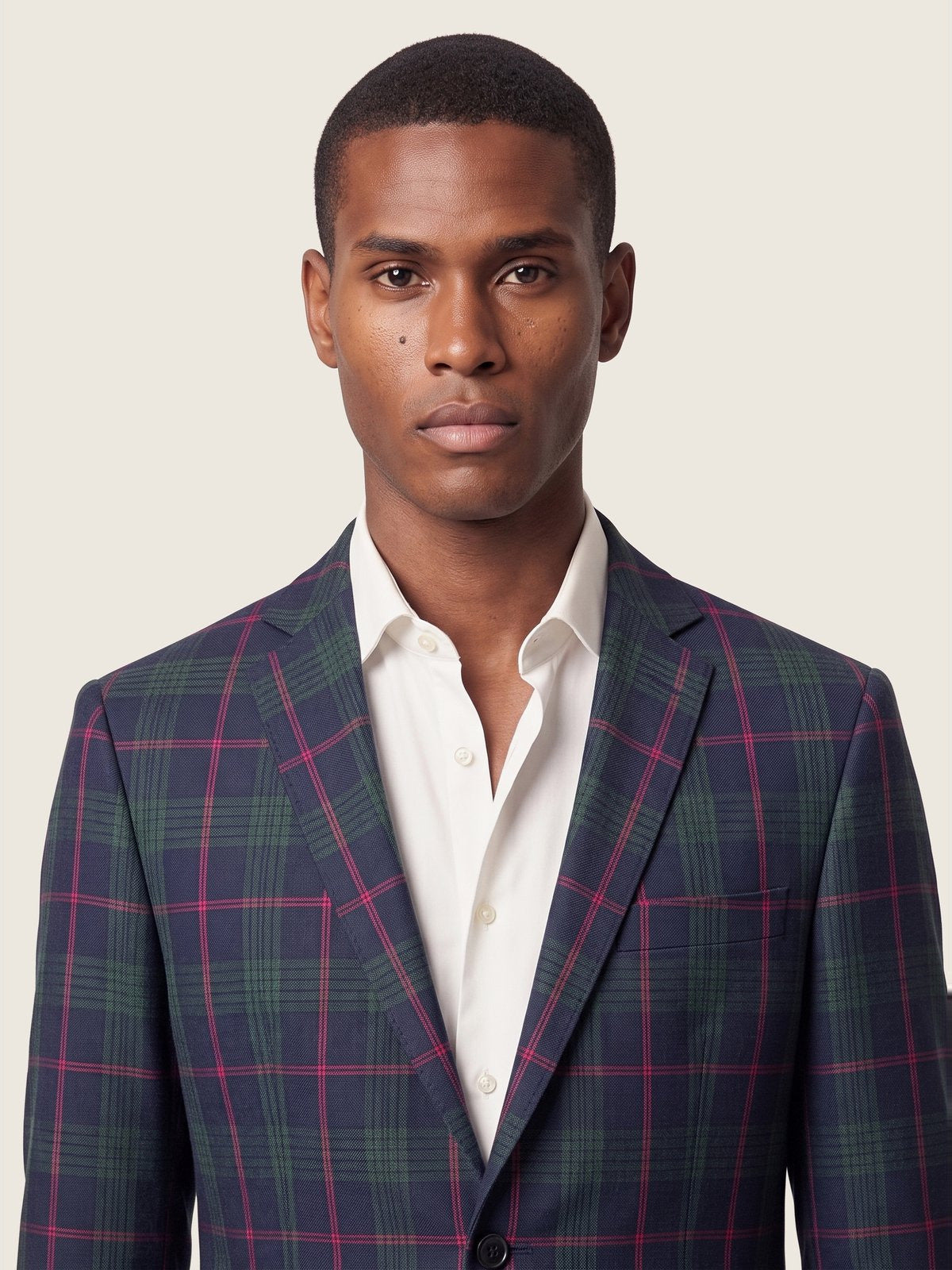 Blazer, Navy Green Plaid, collar and lapel on the model