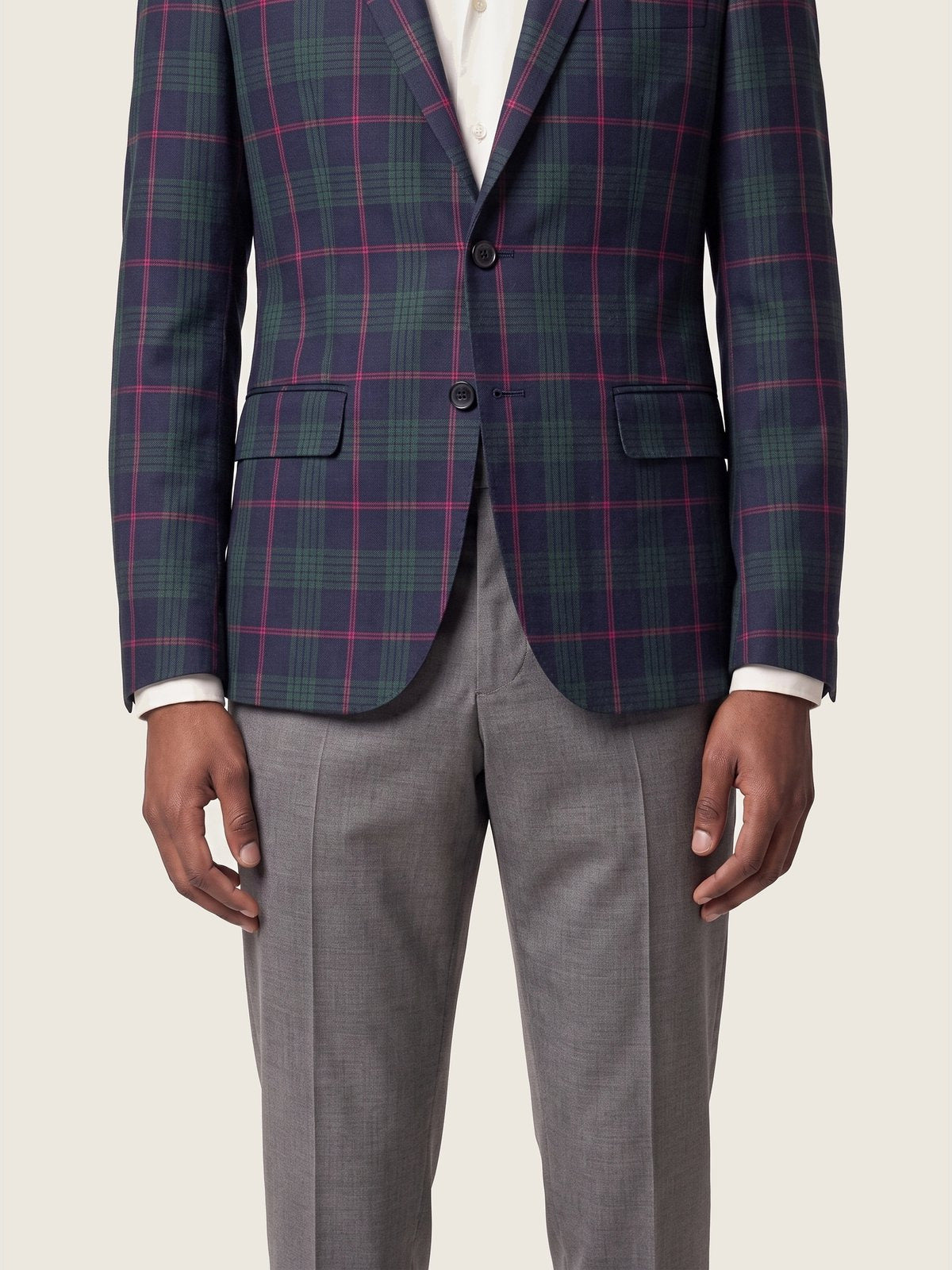 Blazer, Navy Green Plaid, the pockets and cuff on the model