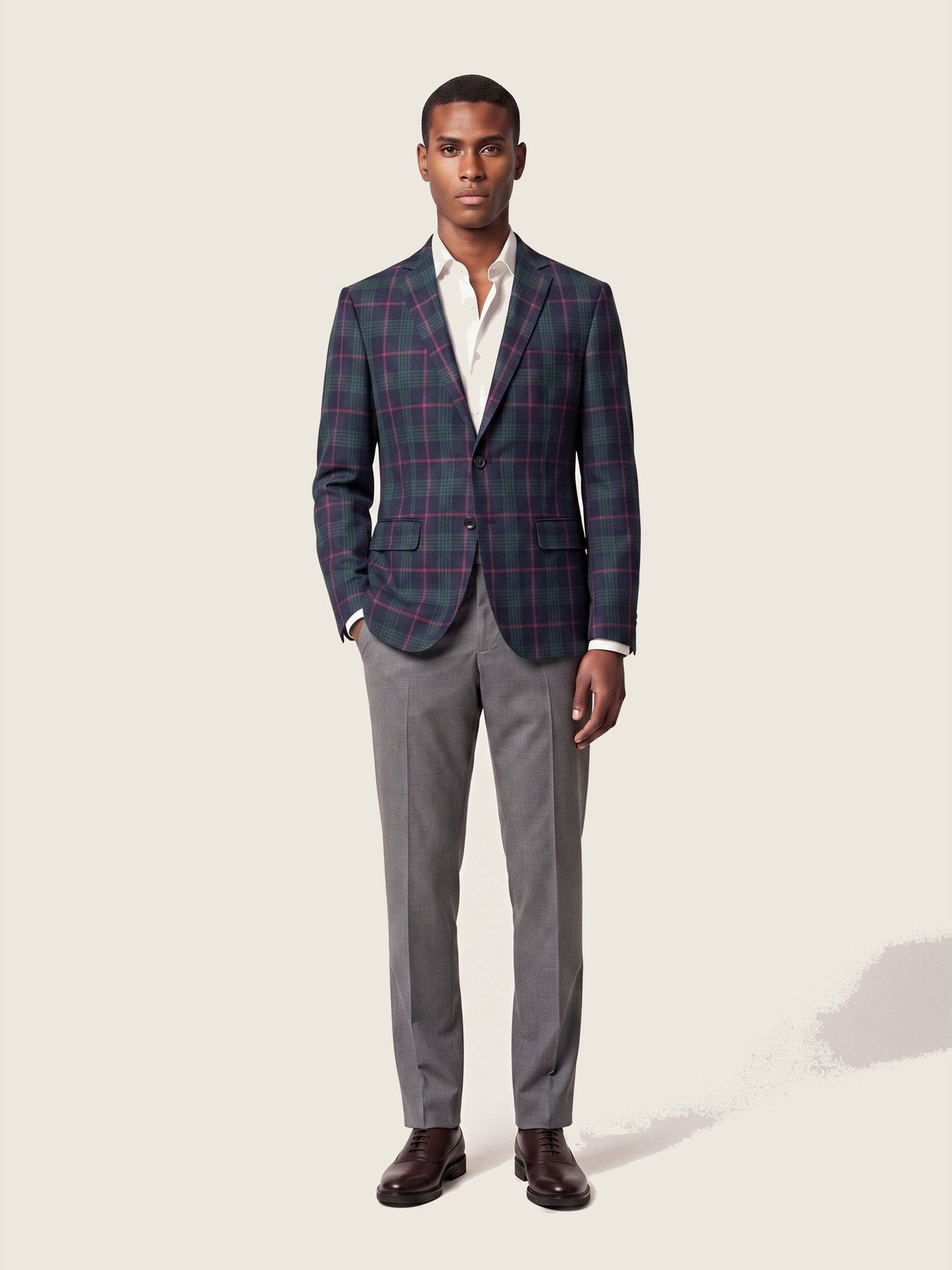 Blazer, Navy Green Plaid, on the model