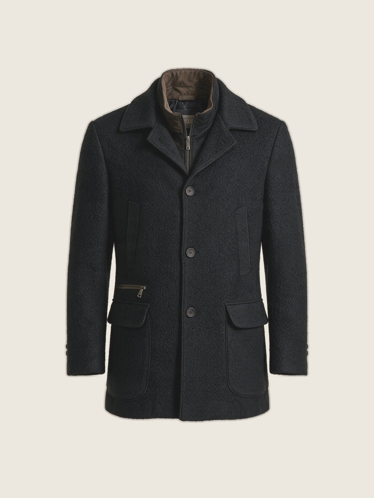 Car Coat, Black Boucle, front view on a plain background