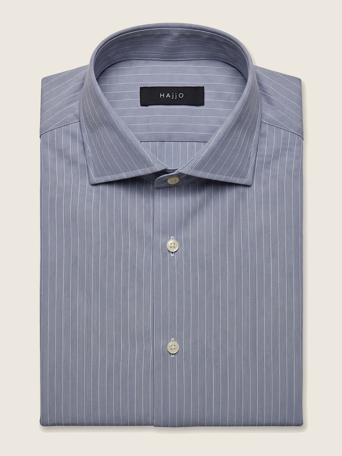 Classic Shirt, Dark Blue and White Slim, folded, showing the collar and the Hajjo label