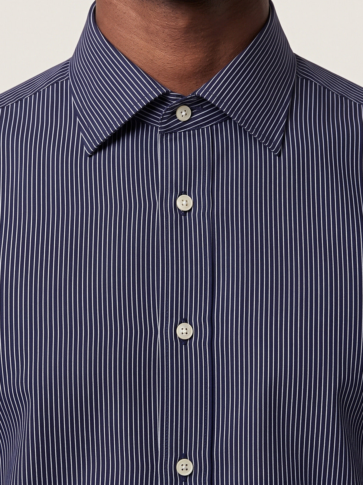 Classic Shirt, Dark Blue and White Slim, the collar and placket on the model