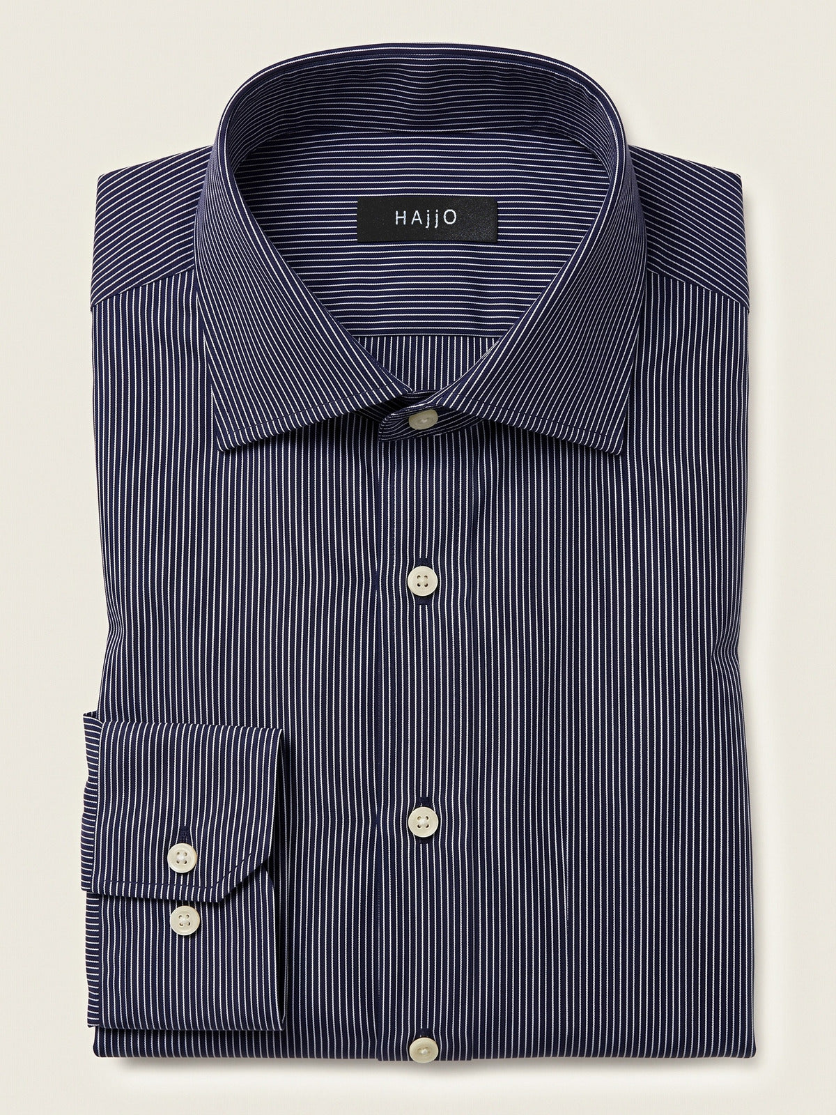 Classic Shirt, Dark Blue and White Slim, folded, showing the collar and the Hajjo label