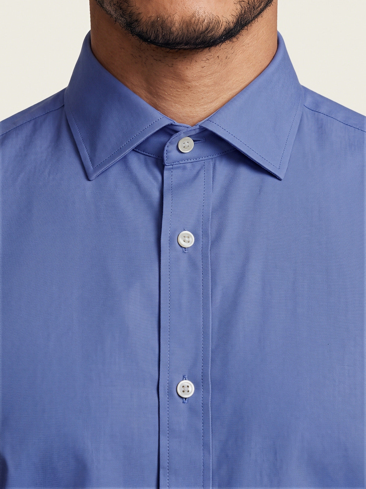 Classic Shirt, Light Blue Slim, the collar and placket on the model
