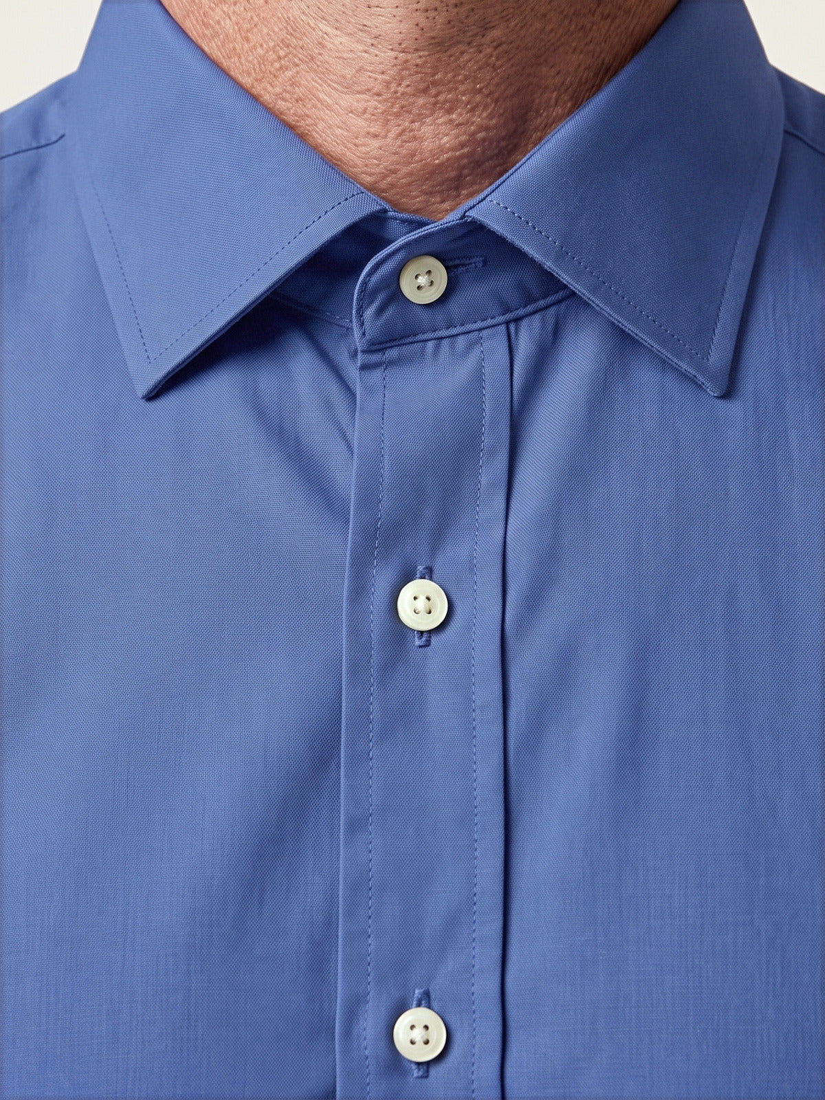 Classic Shirt, Light Blue Slim, the collar and placket on the model