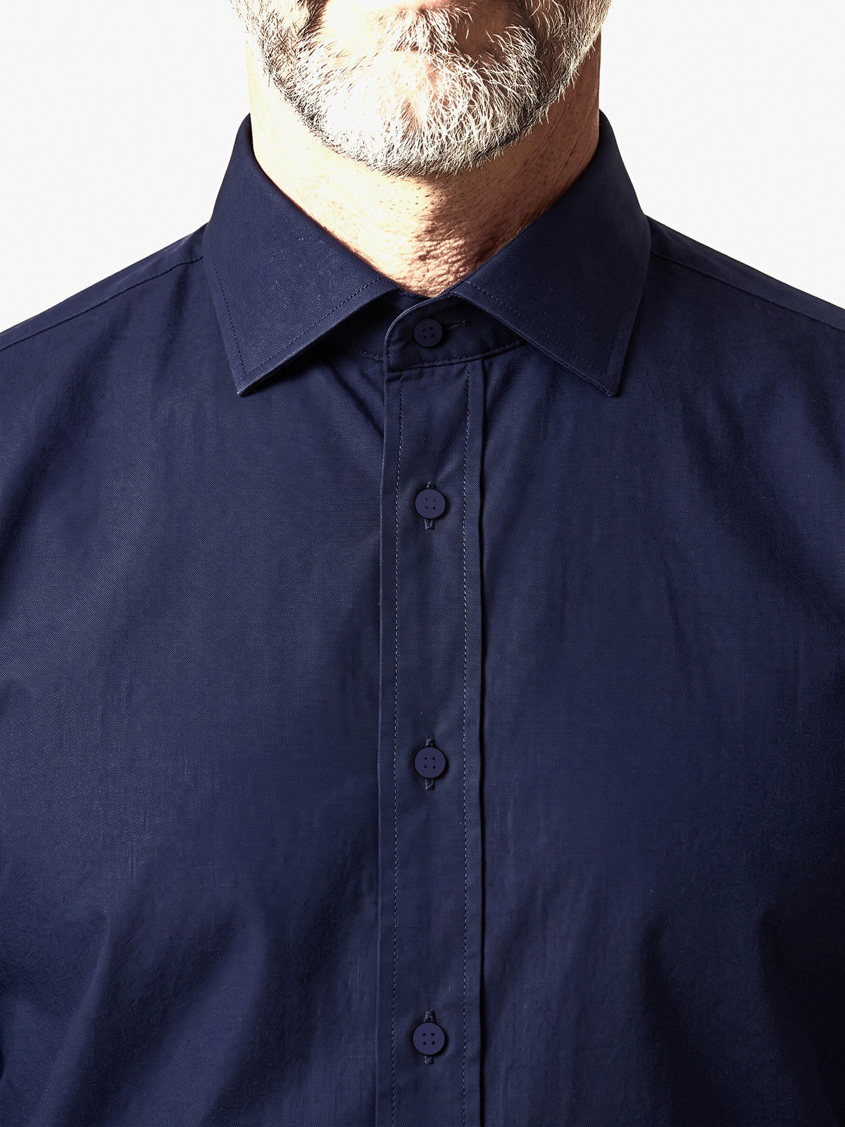 Classic Shirt, Navy Slim, the collar and placket on the model