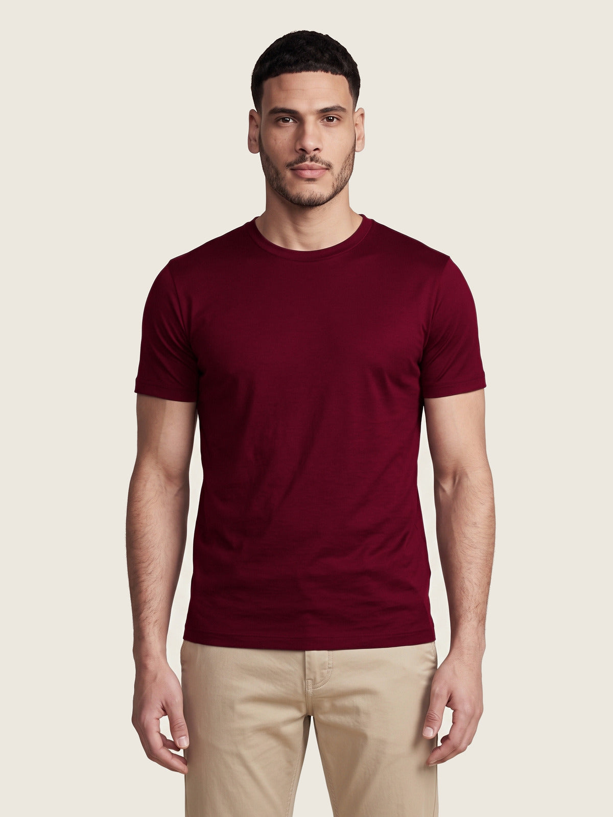 Comfort Tee, Burgundy, front on the model
