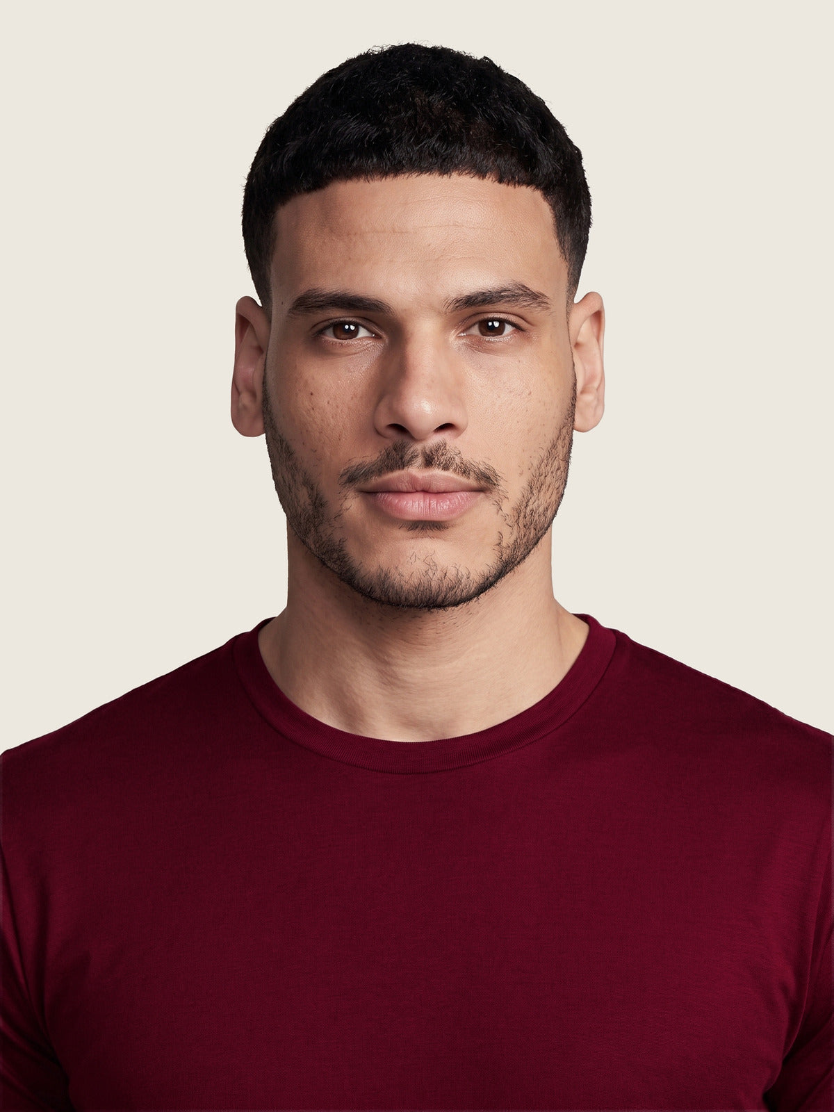 Comfort Tee, Burgundy, the neckline on the model