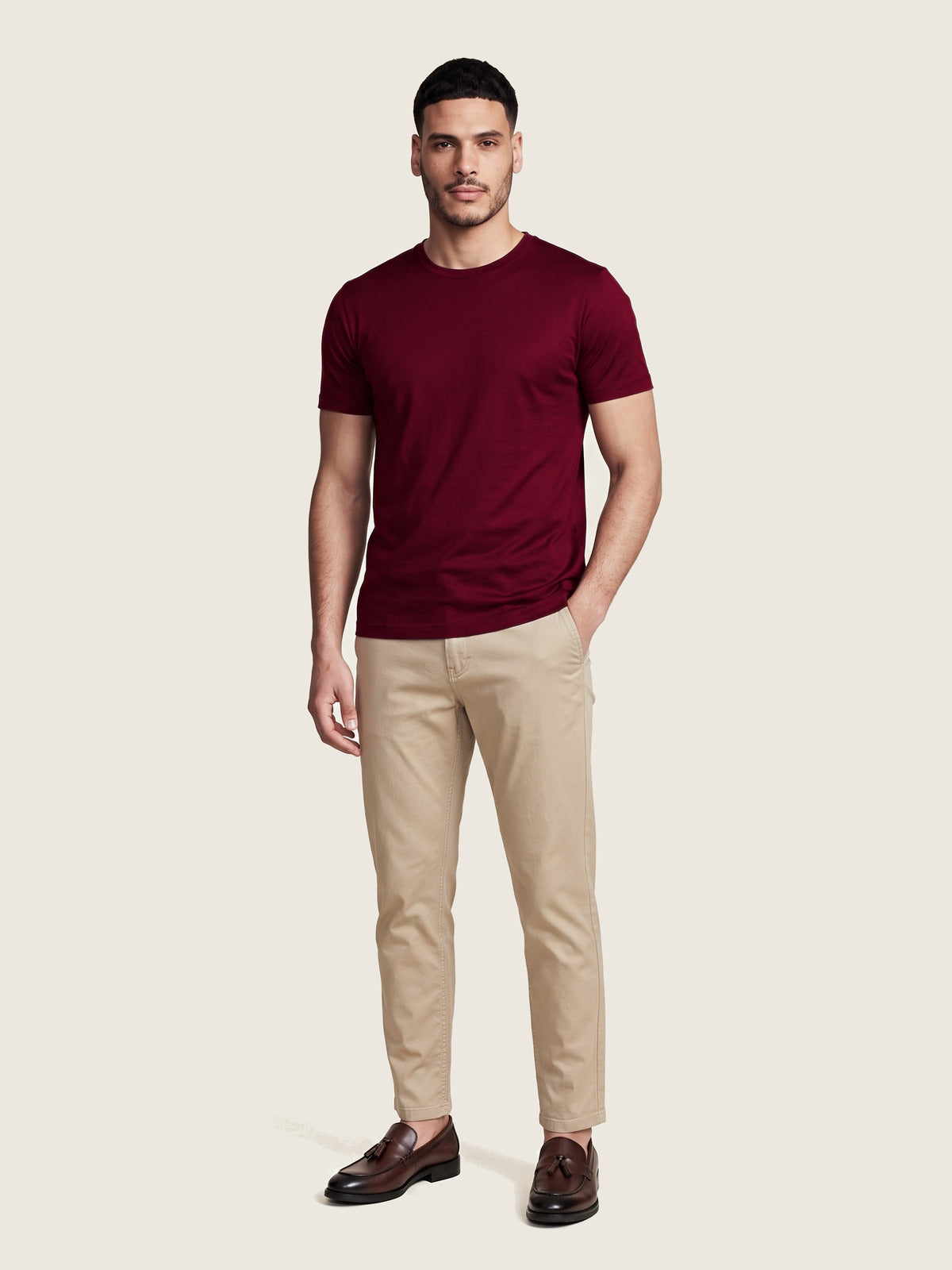 Comfort Tee, Burgundy, on the model