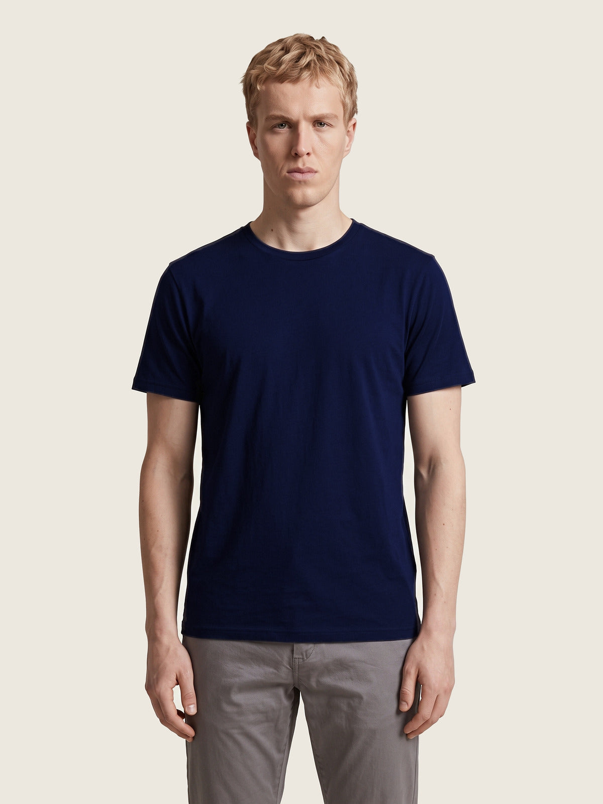 Comfort Tee, Navy, front on the model
