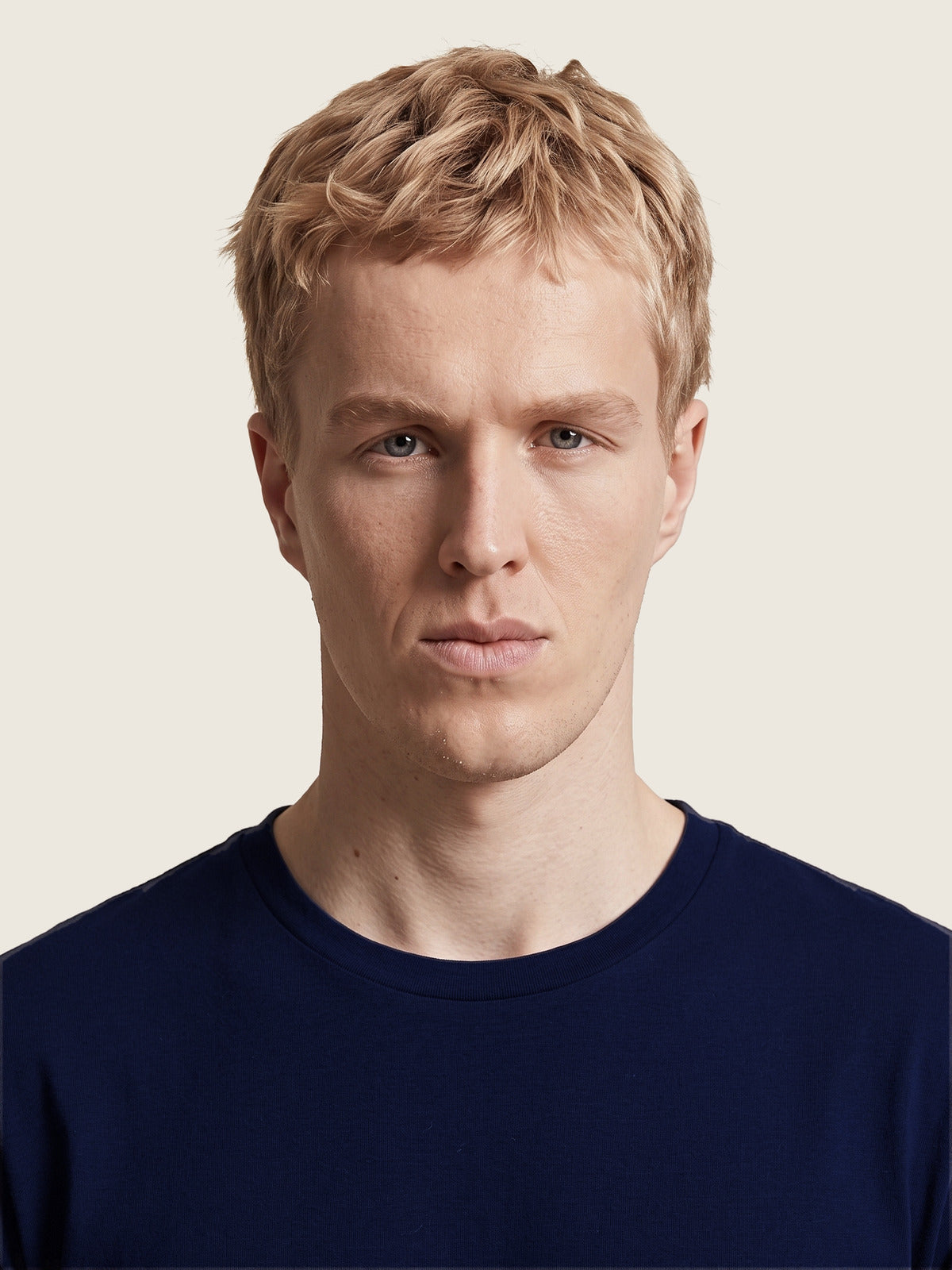 Comfort Tee, Navy, the neckline on the model