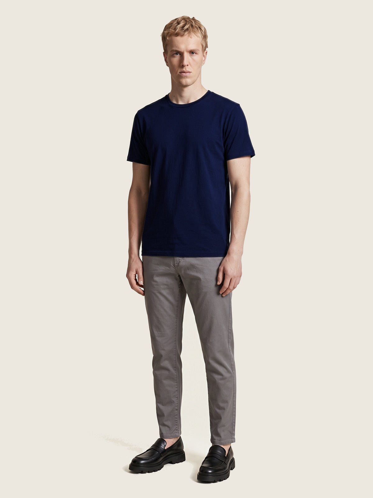 Comfort Tee, Navy, on the model