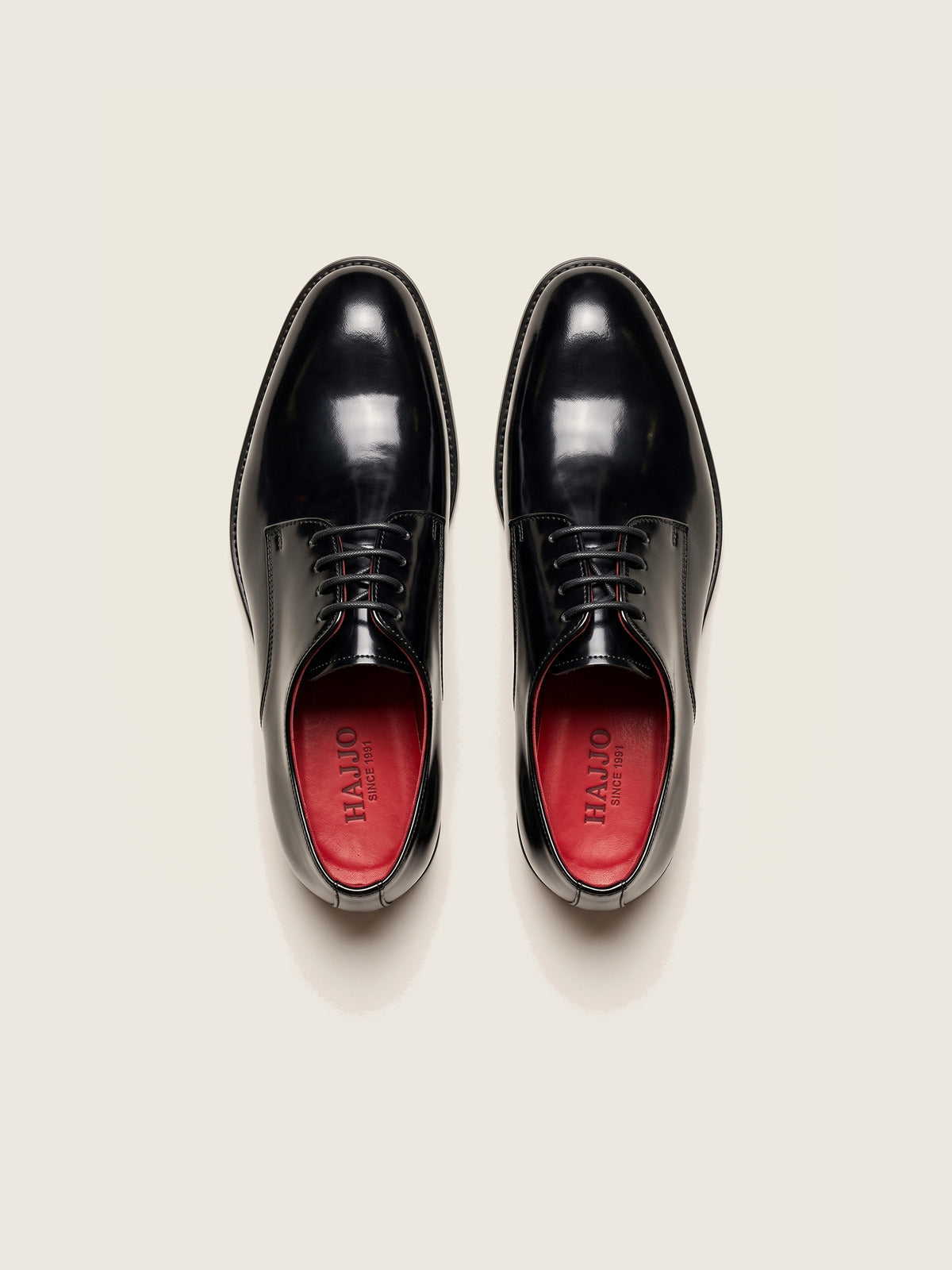 High Shine Derby, Black, the pair from above, showing the red insole