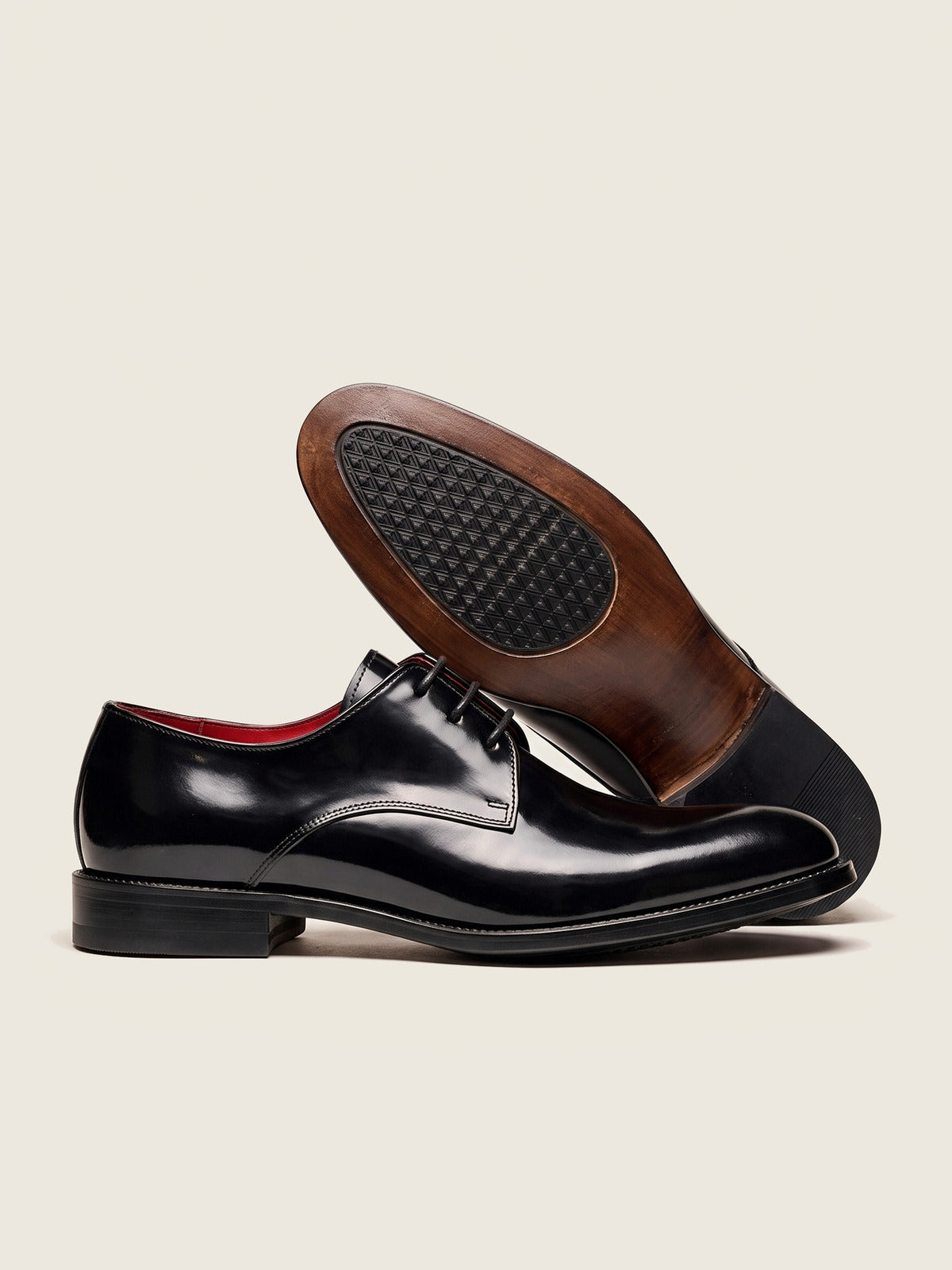 High Shine Derby, Black, the pair, one shoe showing the sole