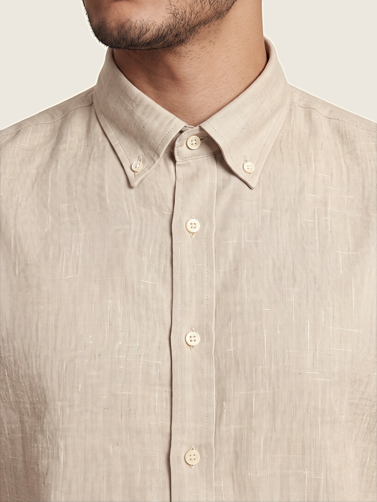 Linen Shirt, Beige, the collar and placket on the model