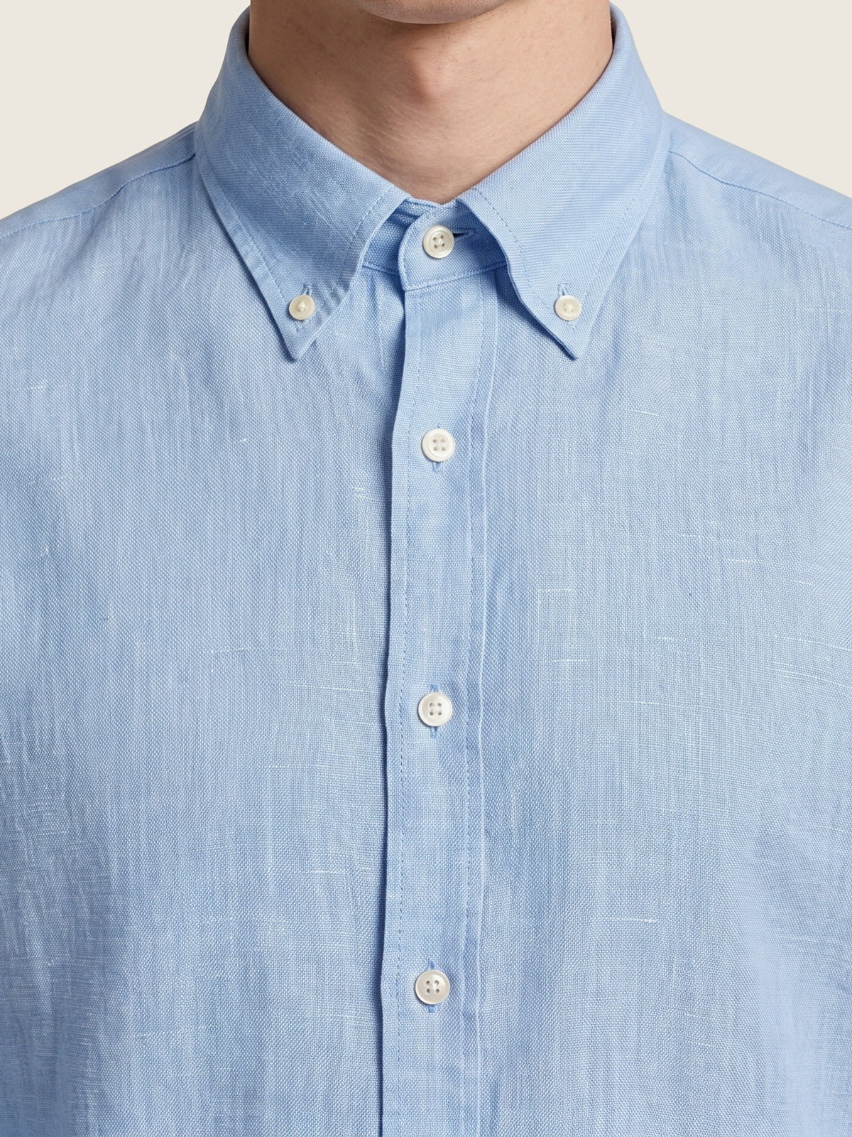 Linen Shirt, Light Sky Blue, the collar and placket on the model