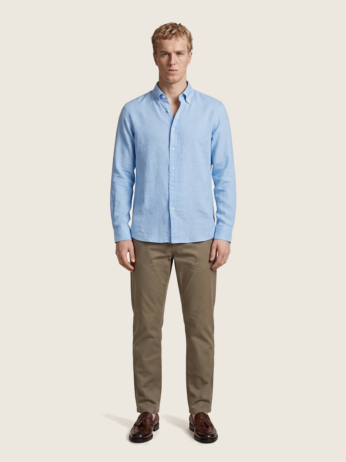 Linen Shirt, Light Sky Blue, on the model
