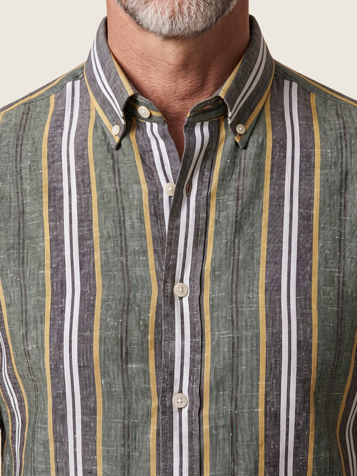 Linen Shirt, Olive and Mid Grey, the collar and placket on the model