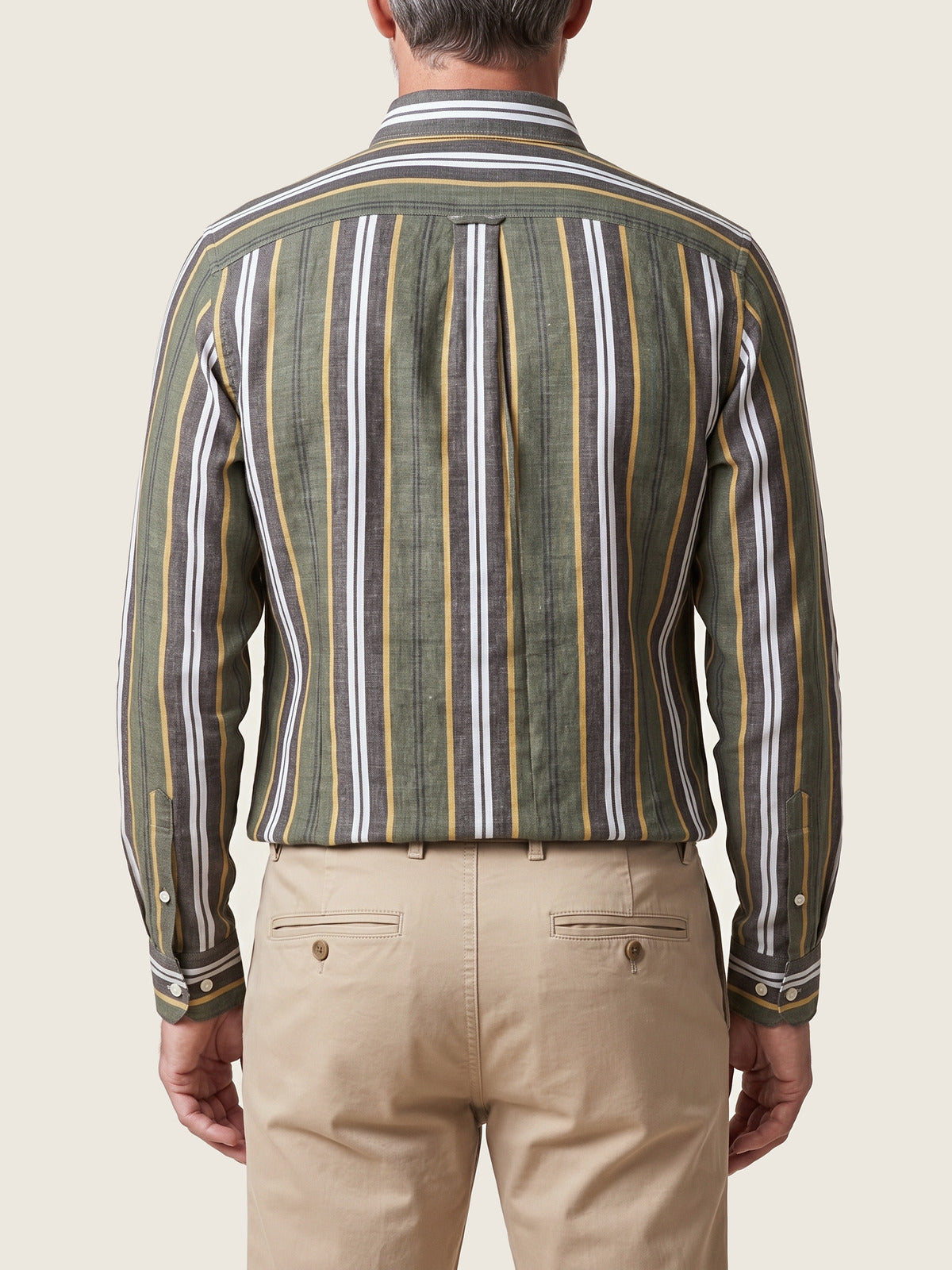 Linen Shirt, Olive and Mid Grey, back on the model