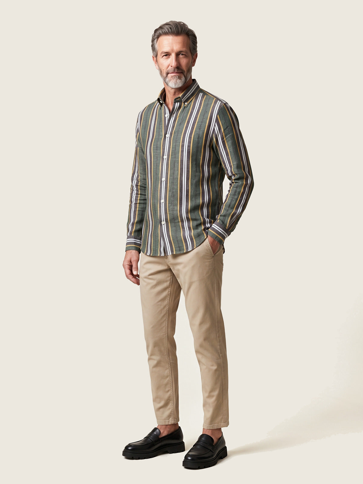 Linen Shirt, Olive and Mid Grey, on the model