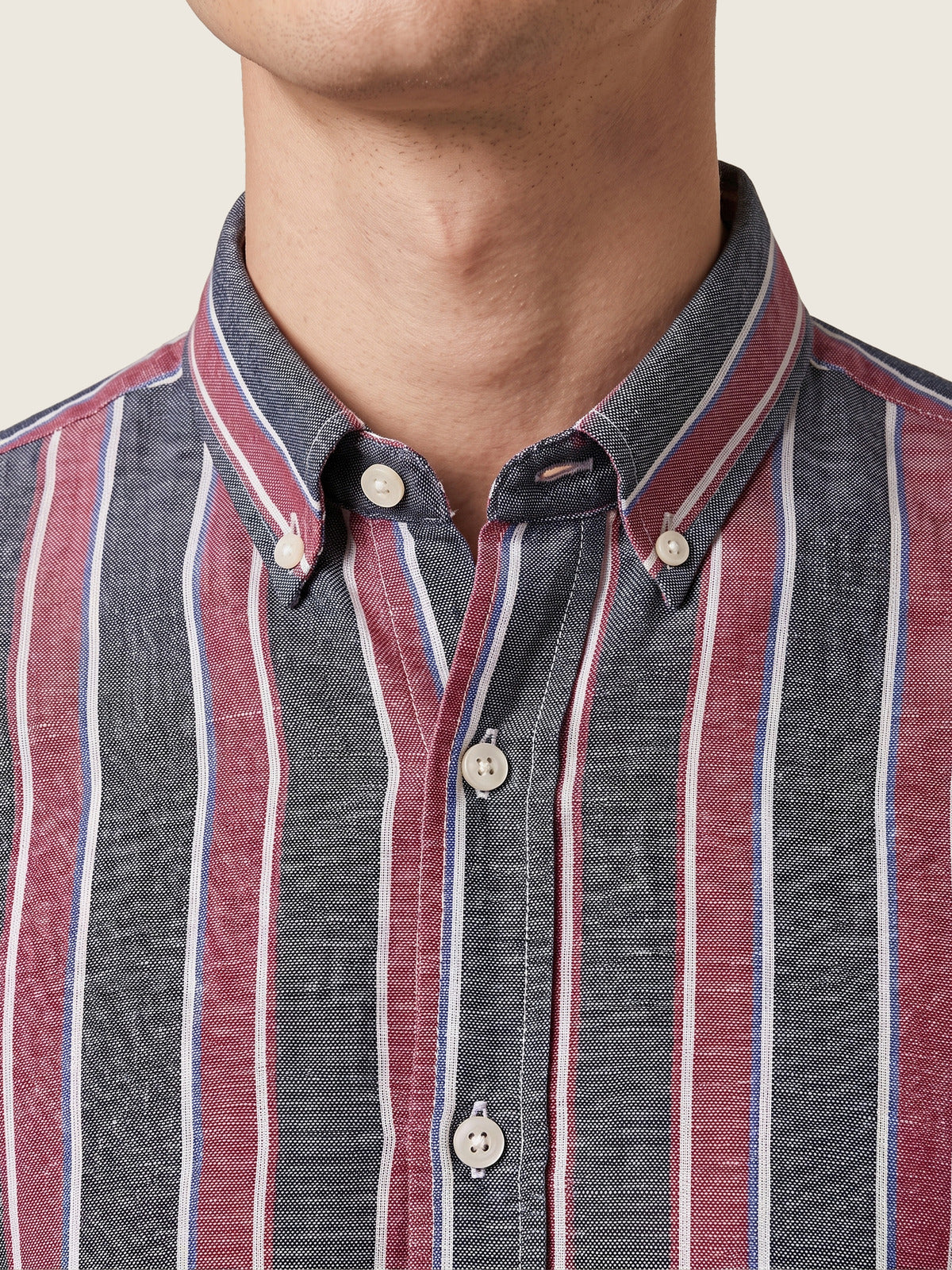 Linen Shirt, Red and Navy, the collar and placket on the model