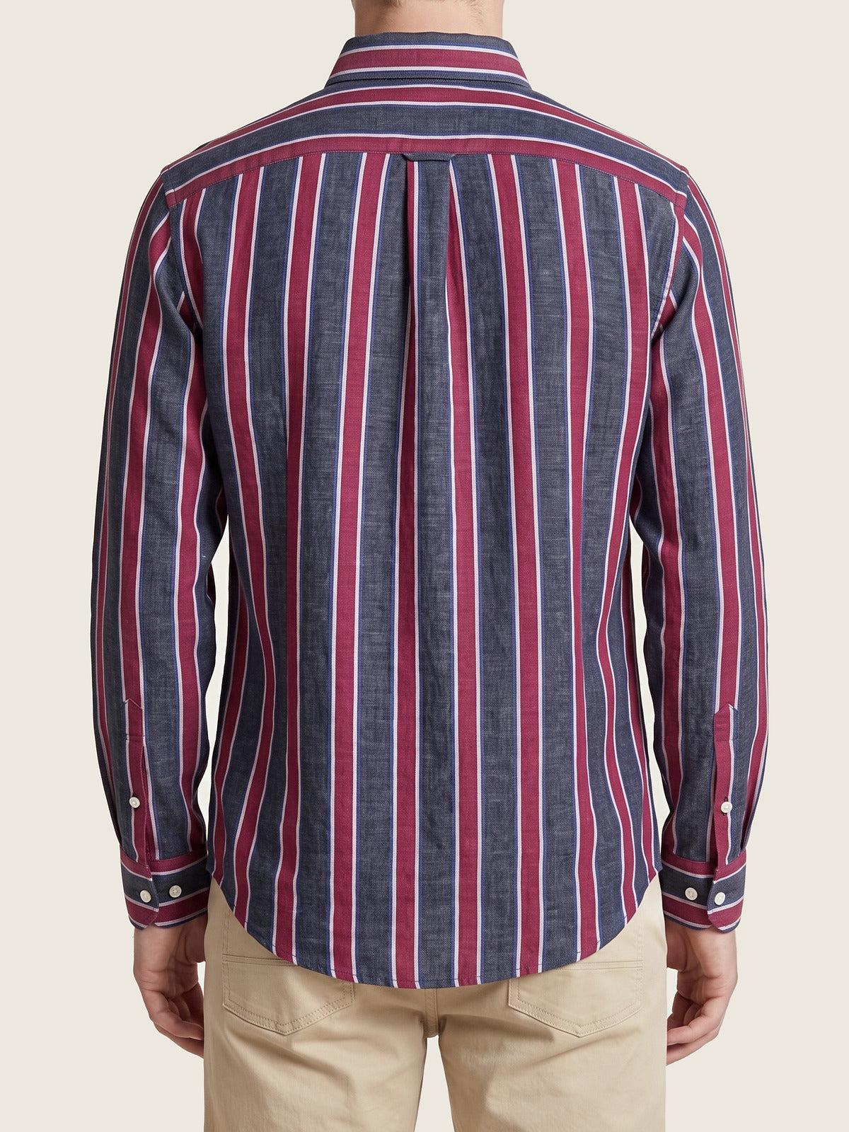 Linen Shirt, Red and Navy, back on the model