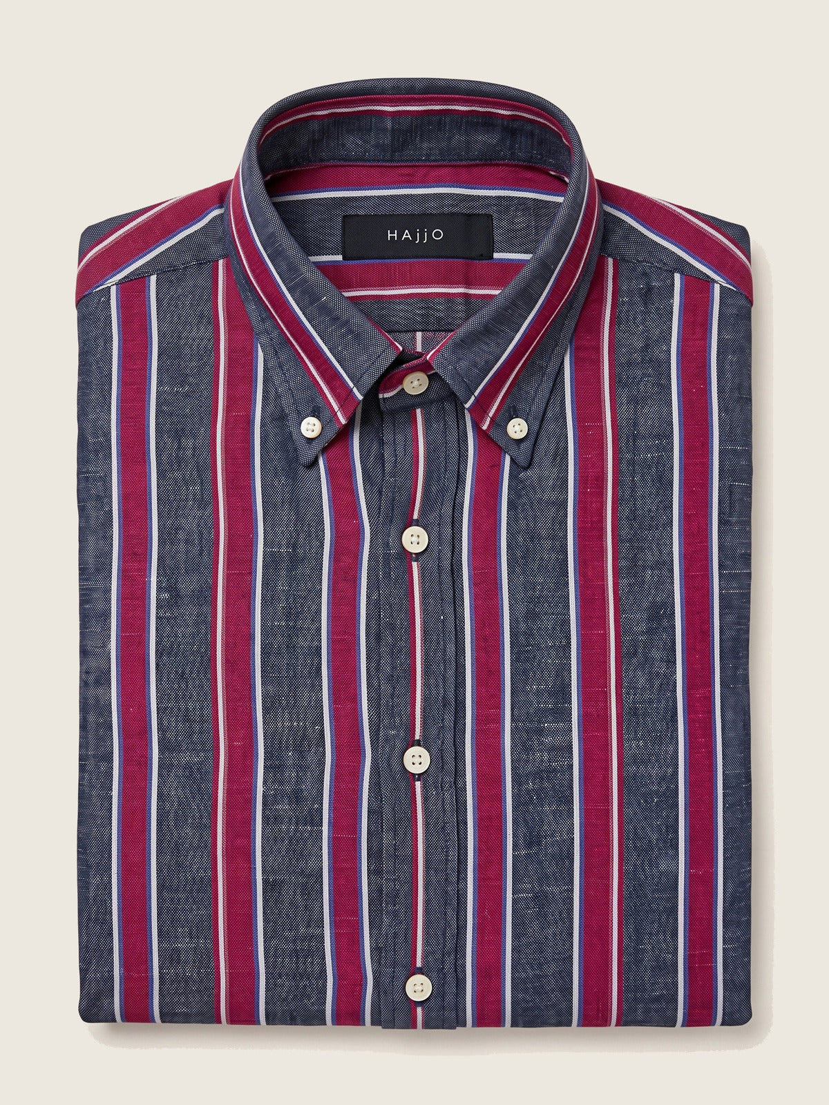Linen Shirt, Red and Navy, folded, showing the collar and the Hajjo label