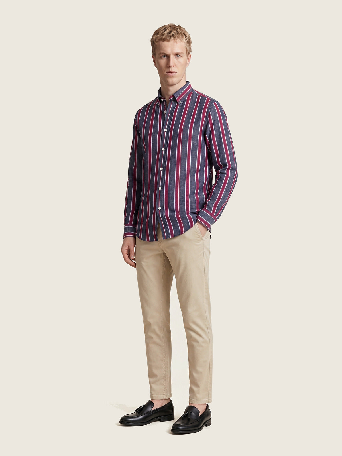 Linen Shirt, Red and Navy, on the model