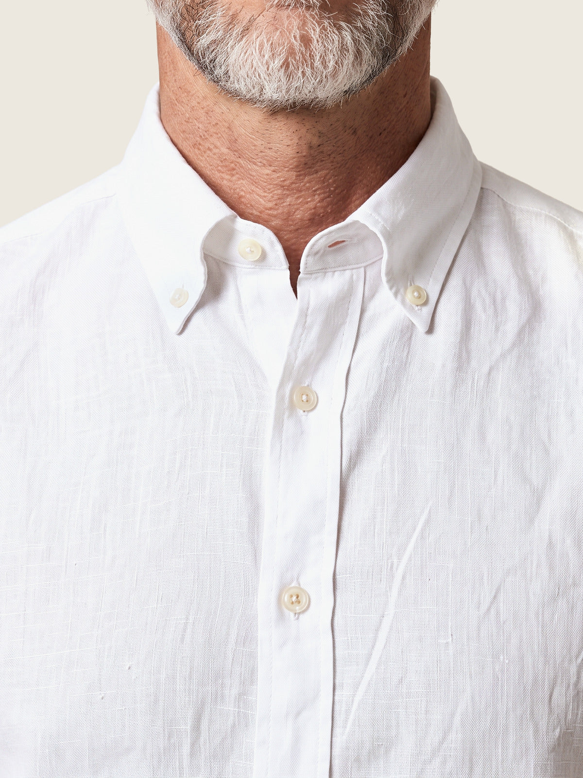 Linen Shirt, White, the collar and placket on the model
