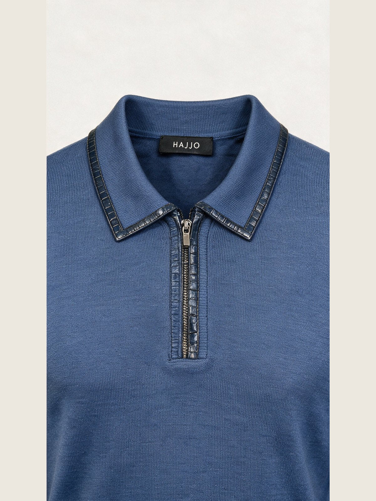 Merino Zip Polo, Dusty Blue, collar and placket