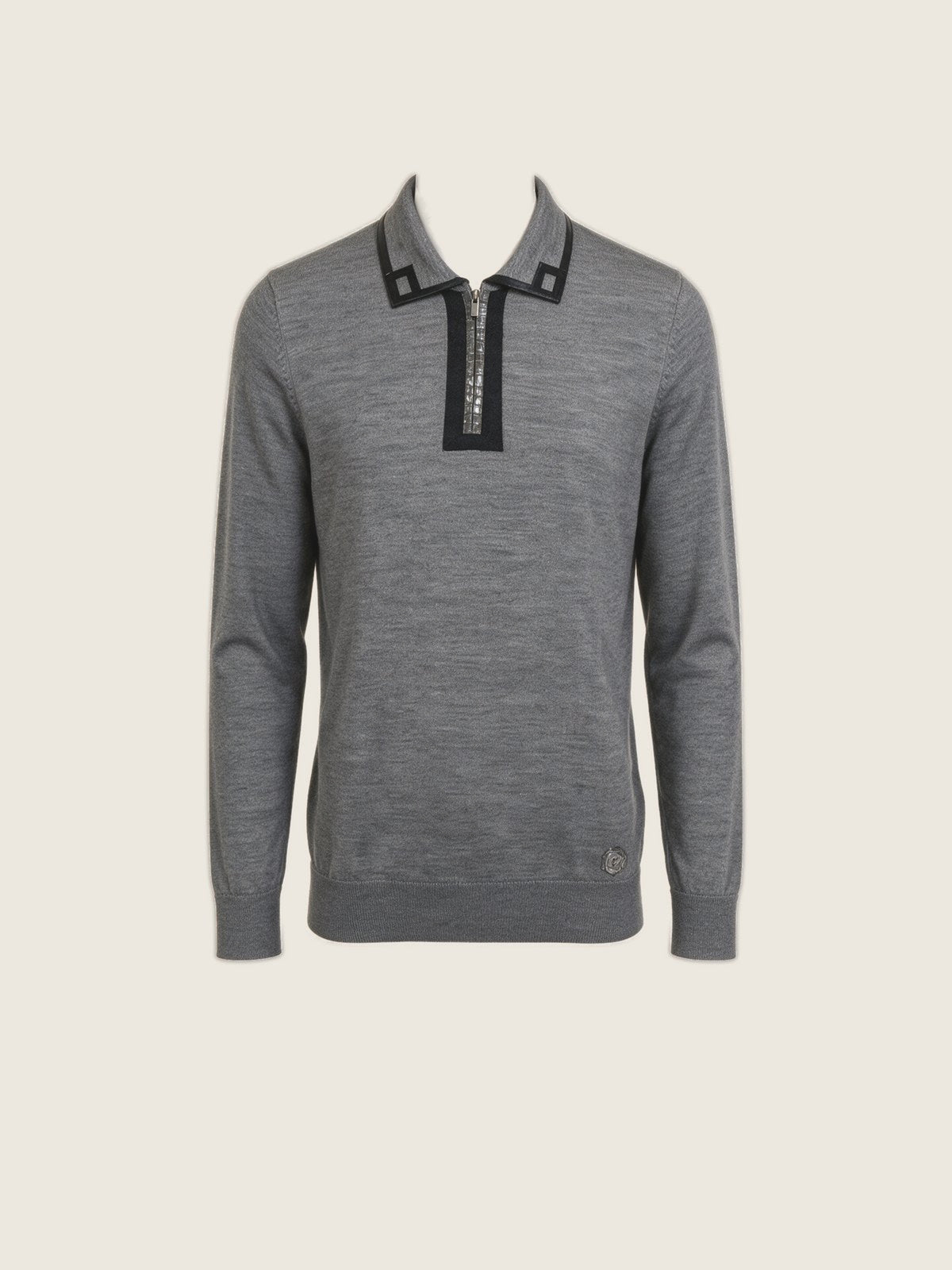 Merino Zip Polo, Grey with Black Trim, front view on a plain background