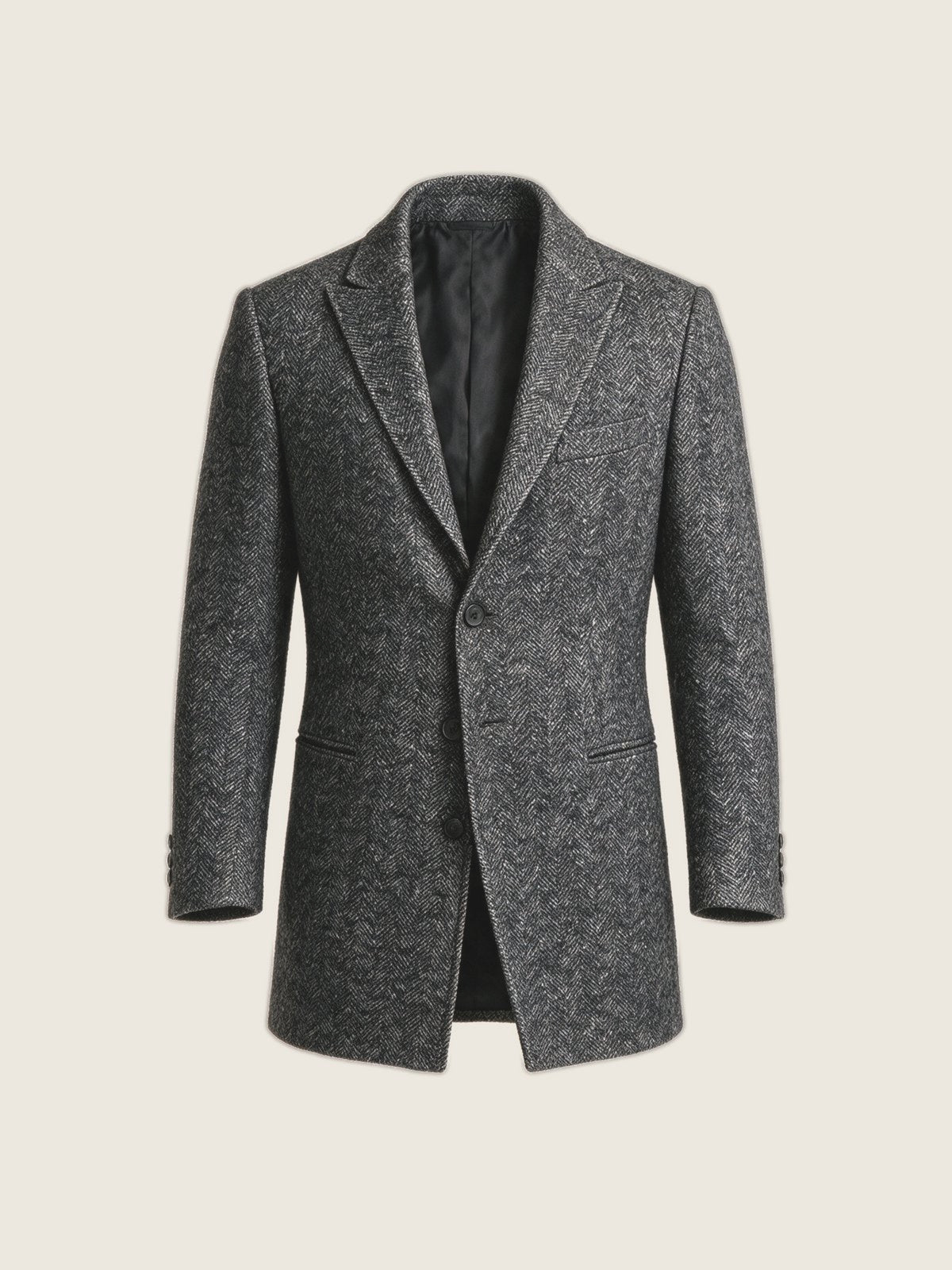 Overcoat, Charcoal Herringbone, front view on a plain background