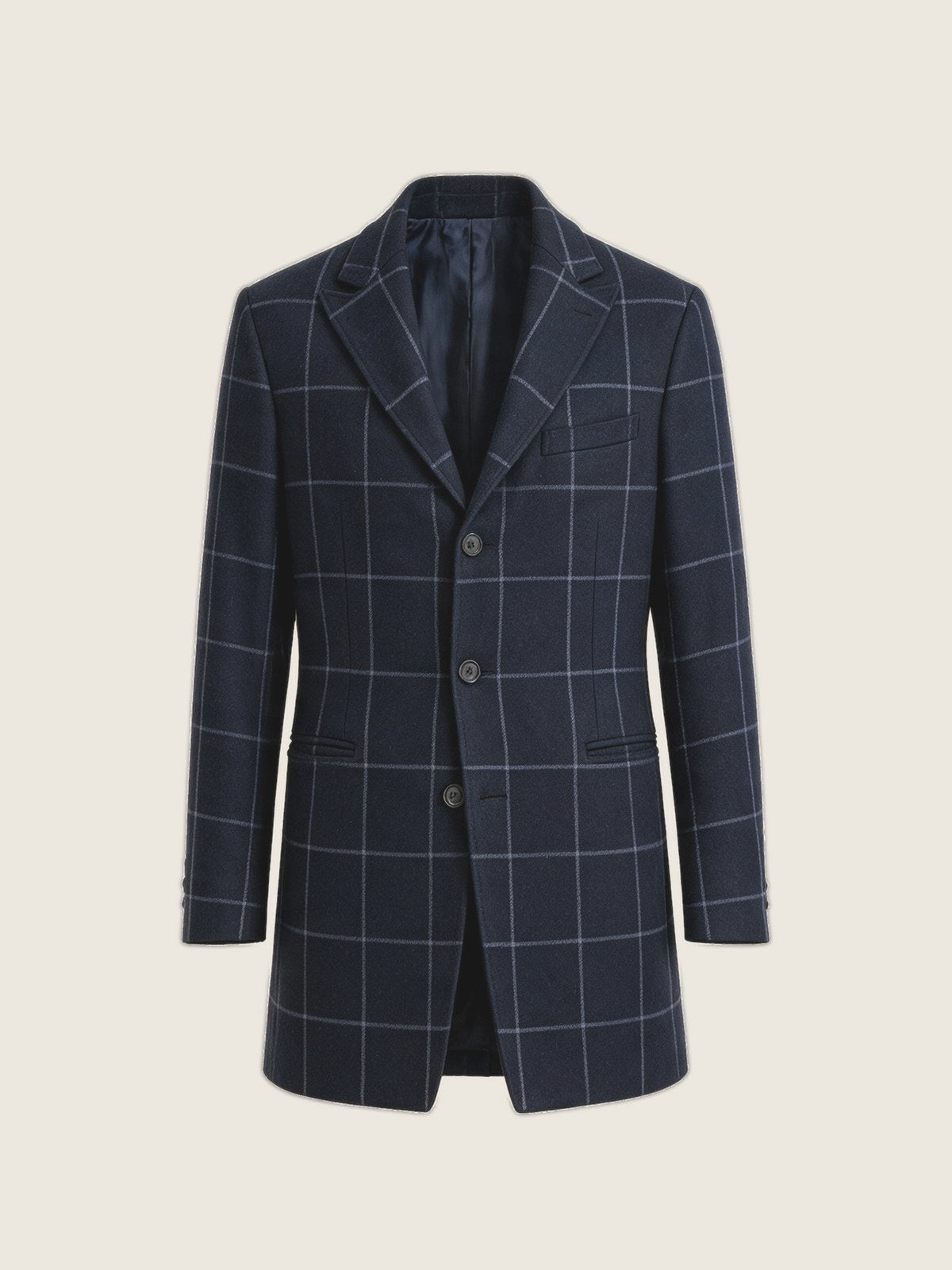 Overcoat, Navy Windowpane, front view on a plain background