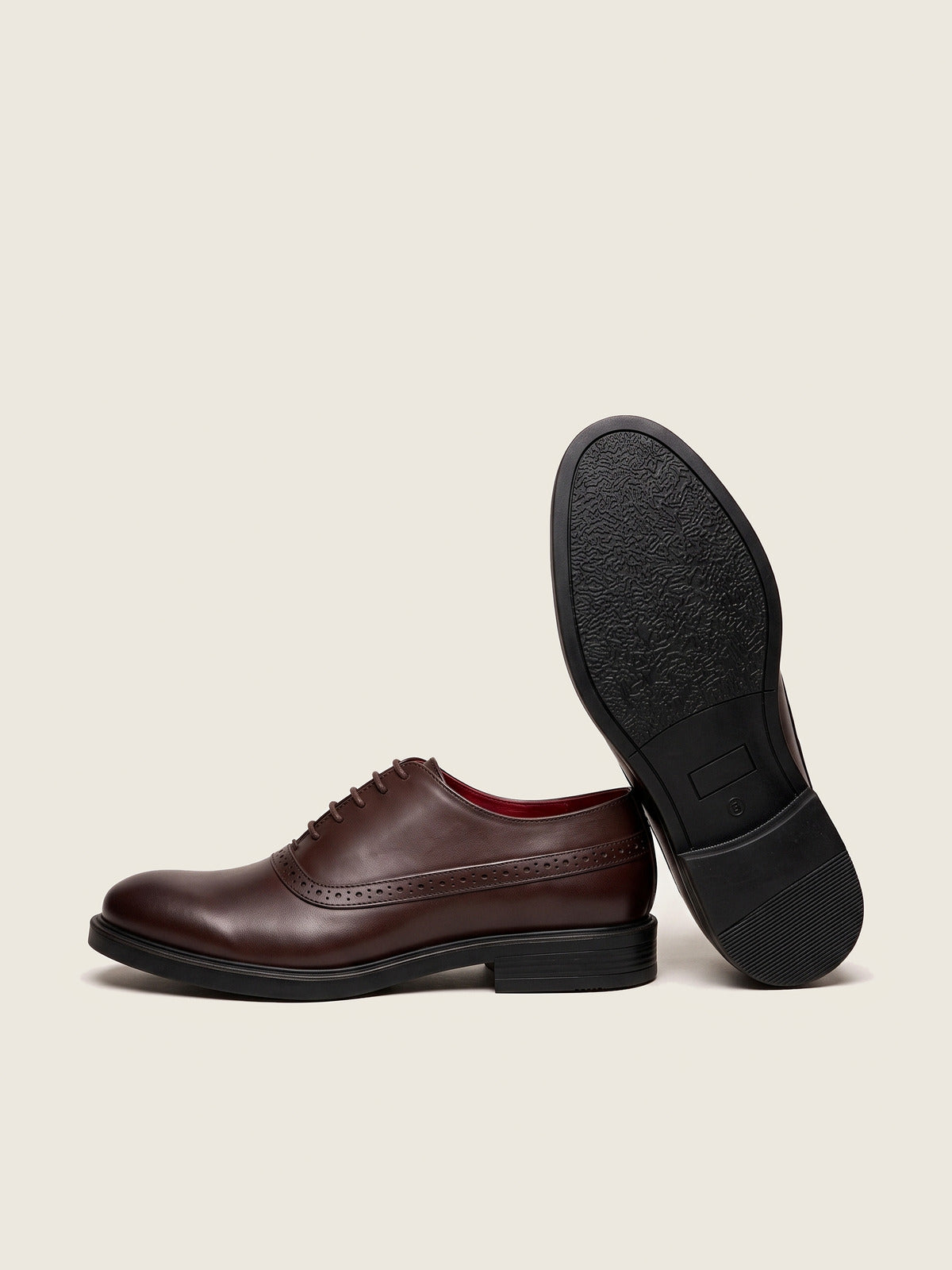 Semi Brogue Oxford, Dark Brown, the pair, one shoe showing the sole