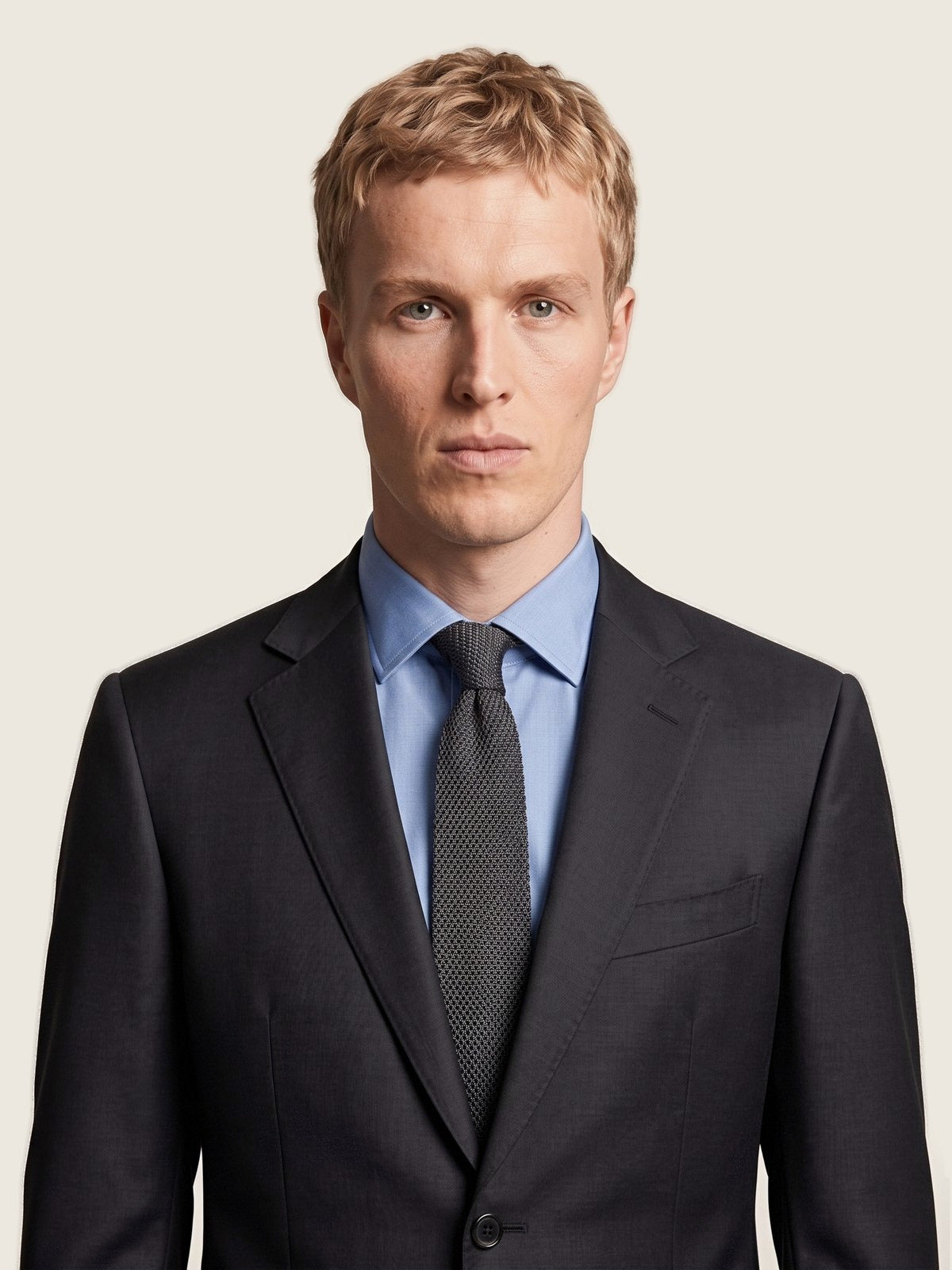 Suit, Dark Charcoal, collar and lapel on the model
