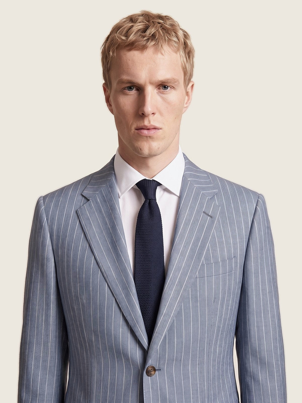 Suit, Light Blue Chalk Stripe, collar and lapel on the model