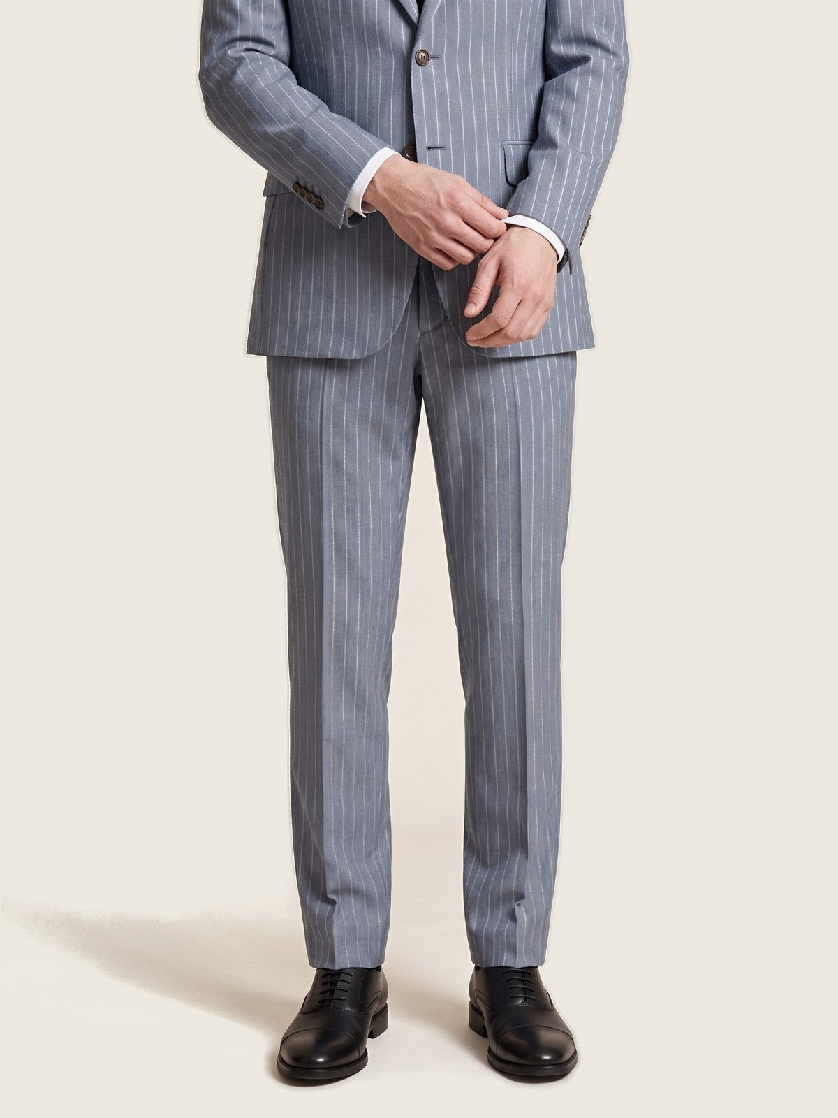 Suit, Light Blue Chalk Stripe, trousers on the model