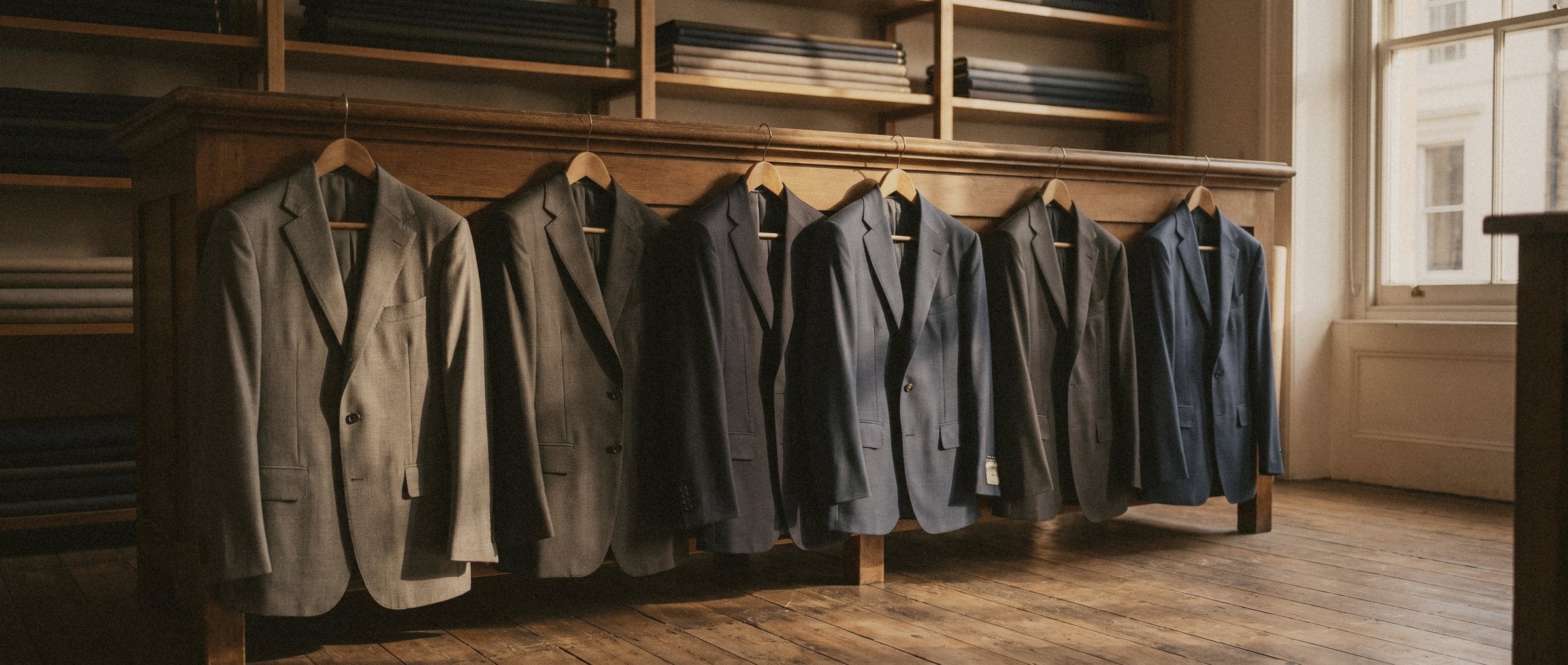 A rail of Hajjo suits in the tailoring room, low warm light