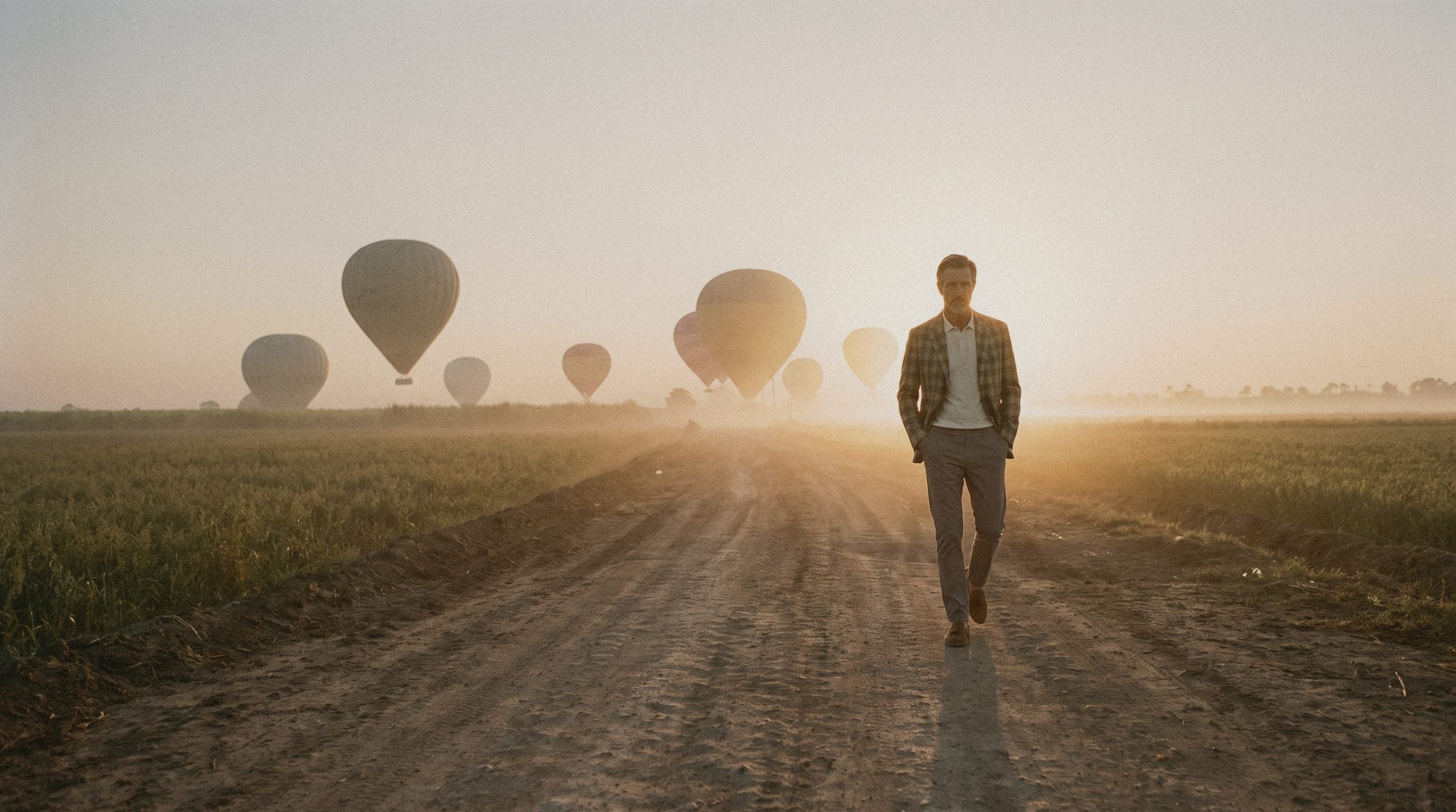 A man in a check blazer walking a dirt track between fields at dawn, hot-air balloons above
