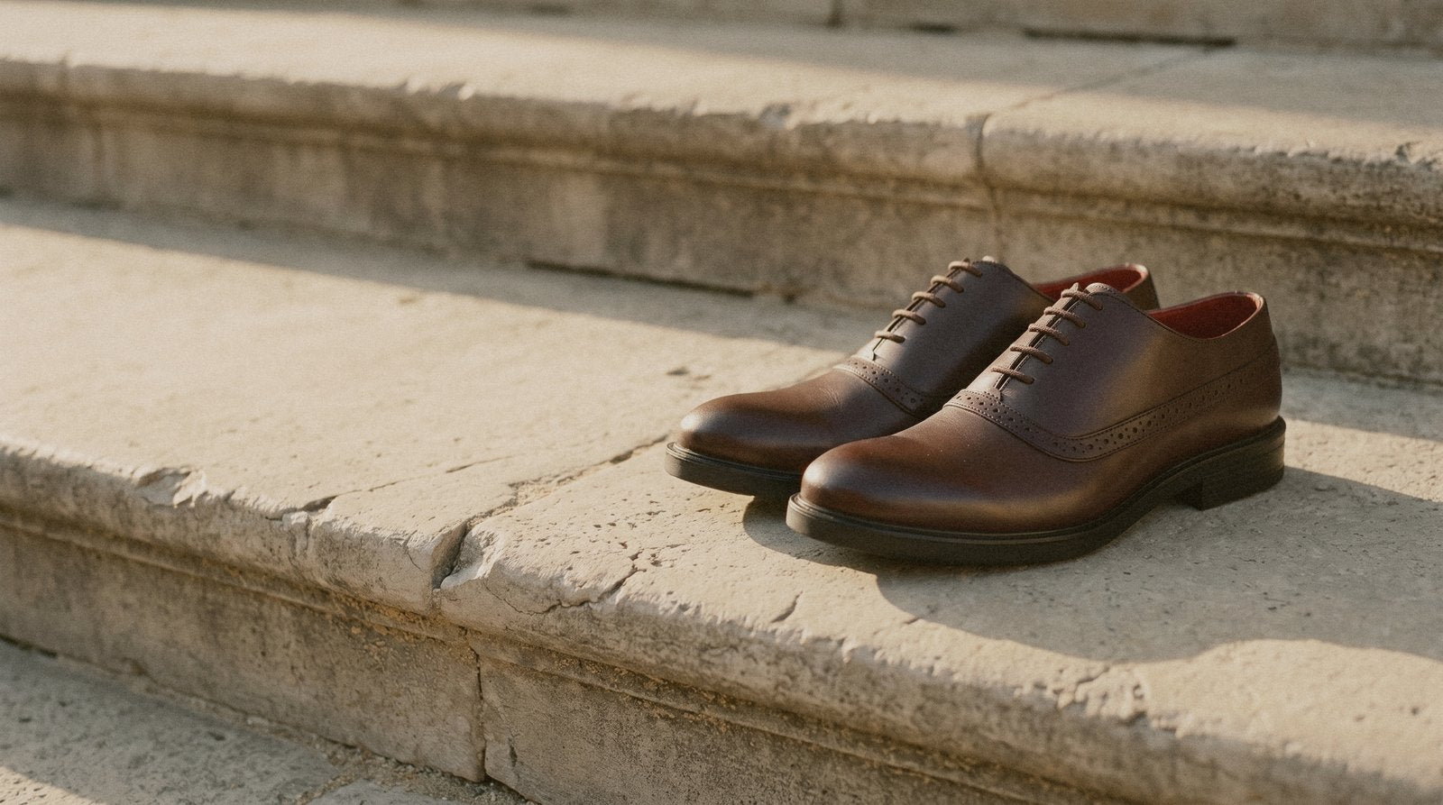 A leather semi brogue on a limestone step