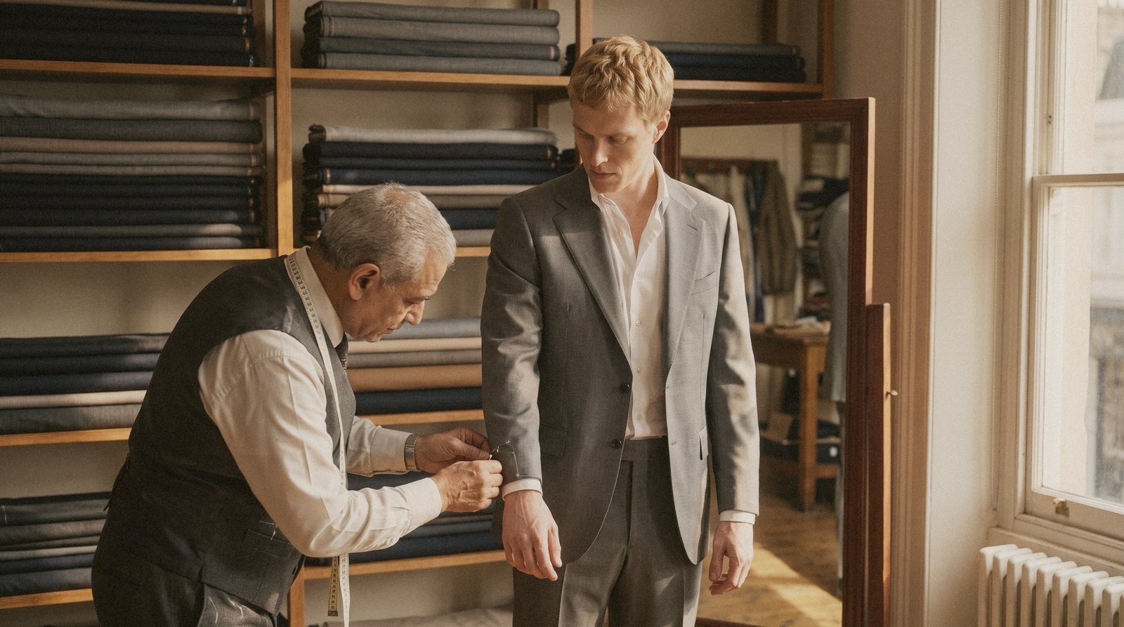 A Hajjo suit jacket being adjusted at the shoulder