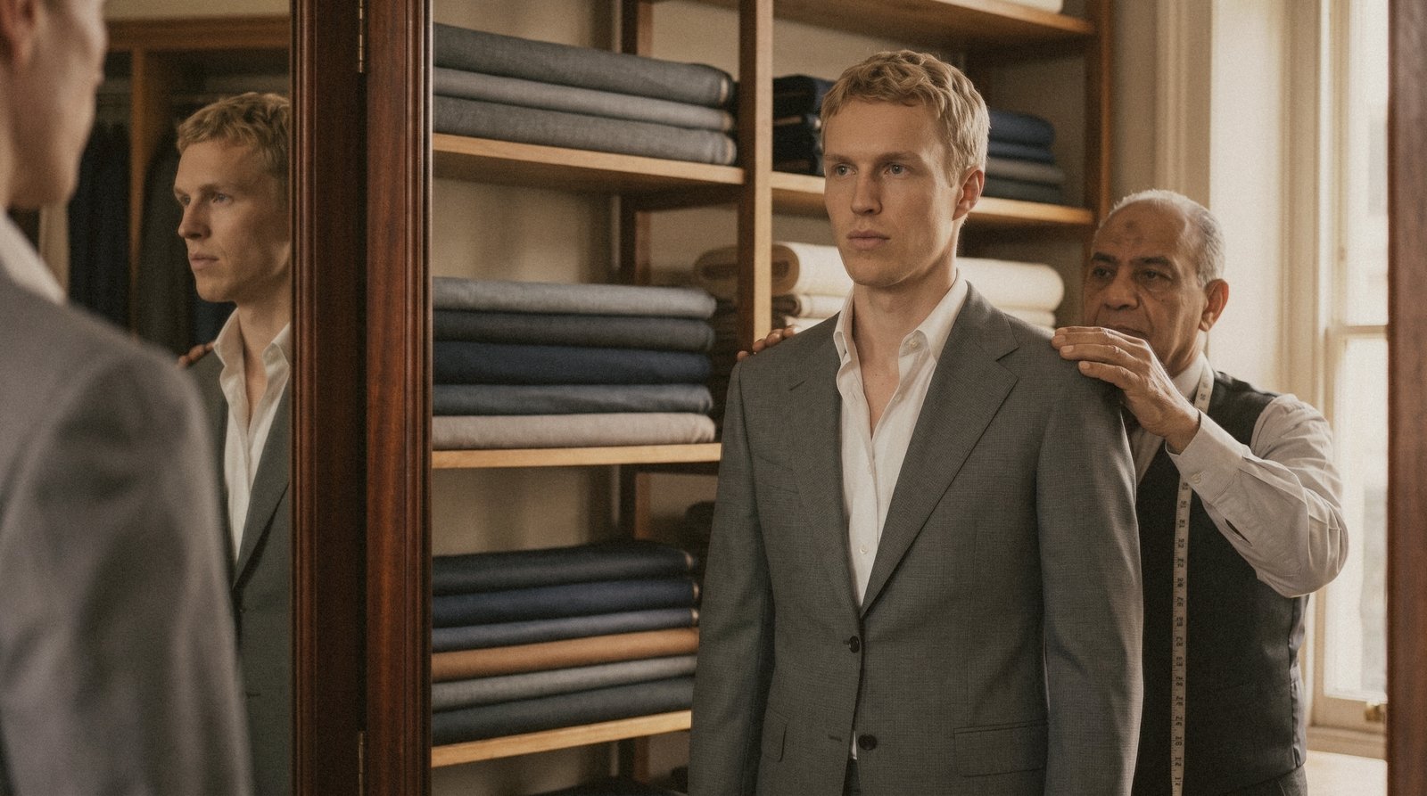 A model in a Hajjo suit at the mirror in the fitting room