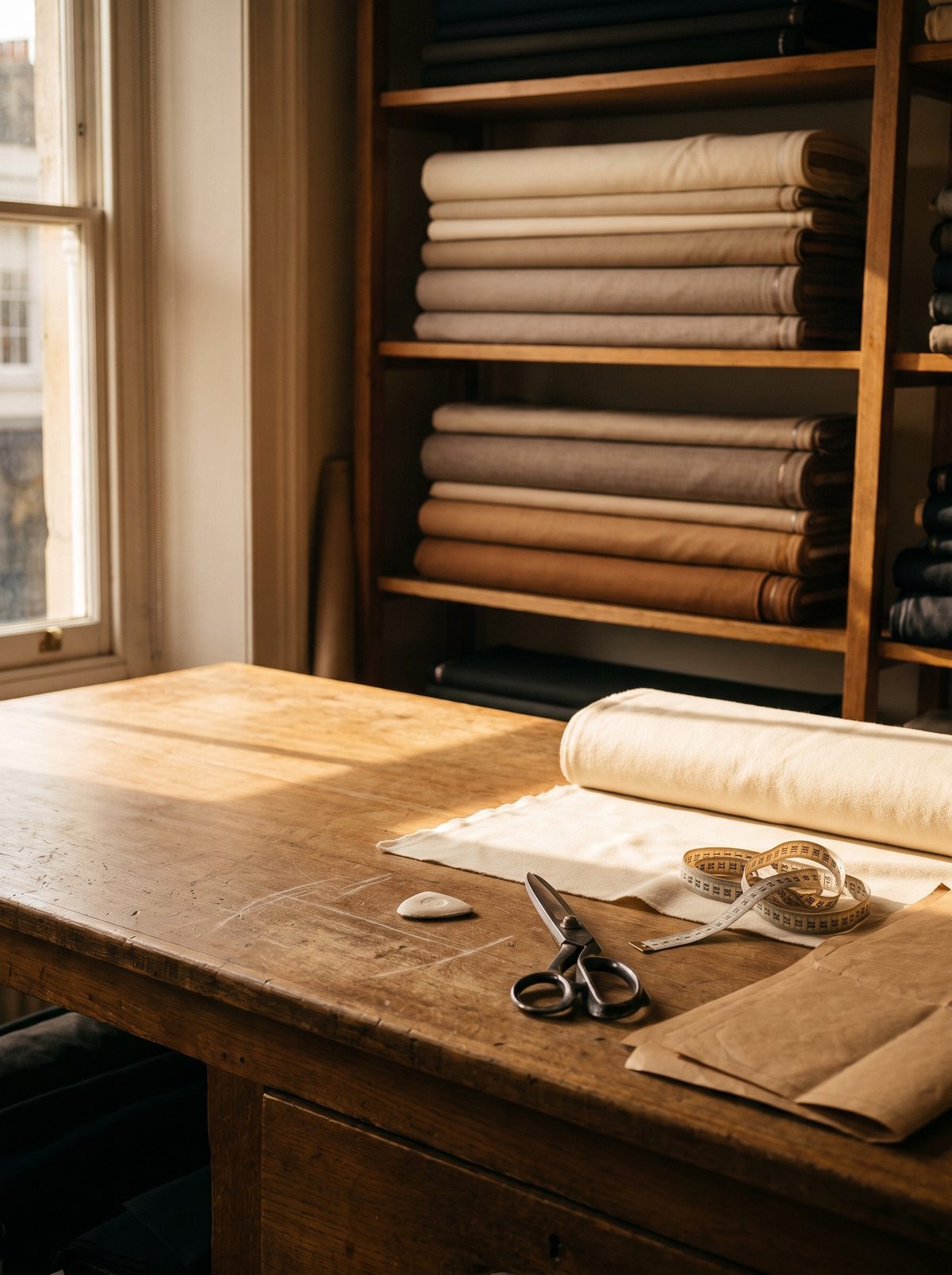 A tailor's table in the workshop, cloth, shears and a marked pattern